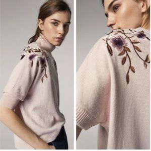 Massimo Dutti Pink Embroidered Cropped Floral luxury Sweater Short Sleeve Large